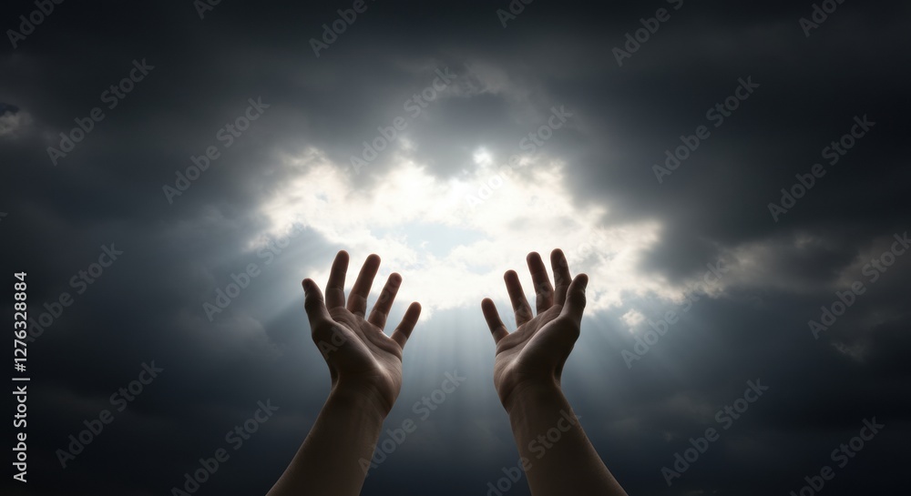 Hopeful Hands Reaching for Heavenly Light: Dramatic Prayer Spiritual Image during Ramadan Hopeful Hands Reaching for Heavenly Light: Dramatic Prayer Spiritual Image during Ramadan