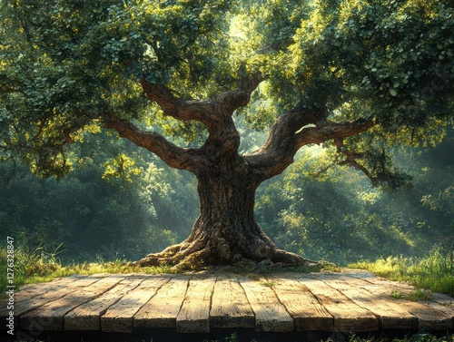 Obraz na płótnie Serene Old Oak Tree Canopy and Trunk with Wooden Platform Surrounded by Green Forest Scene w salonie