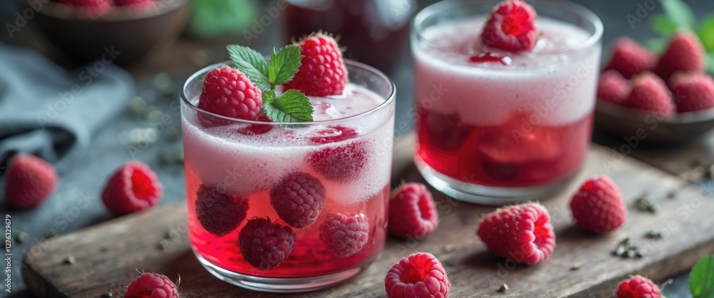 Fresh raspberry drinks with foam and mint leaves served in glasses on wooden board with scattered raspberries Fresh raspberry drinks with foam and mint leaves served in glasses on wooden board with scattered raspberries