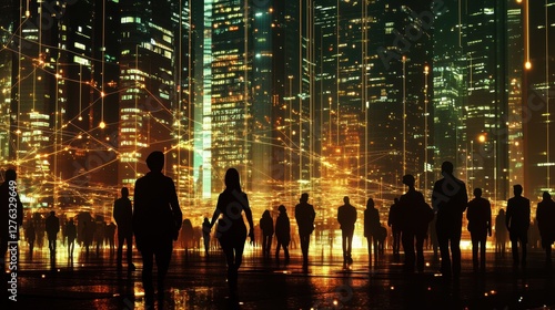 Silhouetted Individuals in a Glowing Cityscape at Night Amidst Connected Data Networks and Urban Lights