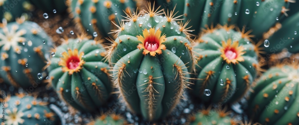 Close-up view of green cacti with vibrant flowers and water droplets on spines in a natural desert environment. Close-up view of green cacti with vibrant flowers and water droplets on spines in a natural desert environment.