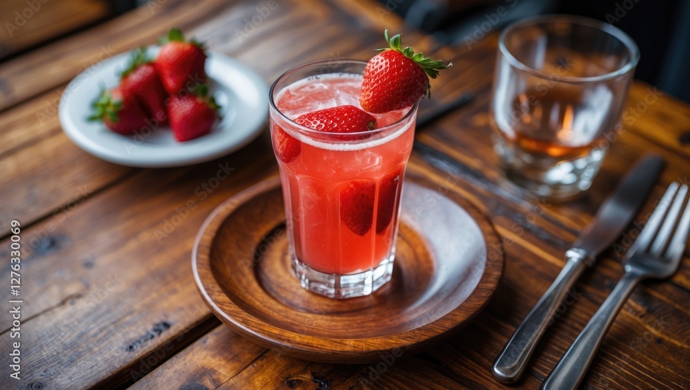 Fresh strawberry cocktail in a glass with ice served on a wooden plate alongside a plate of strawberries and a glass of whiskey. Fresh strawberry cocktail in a glass with ice served on a wooden plate alongside a plate of strawberries and a glass of whiskey.