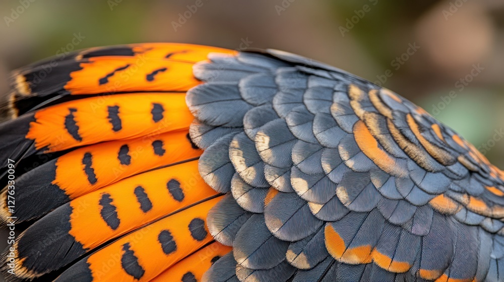 Obraz premium Black-and-orange bird wing feathers close-up, blurred background, nature texture
