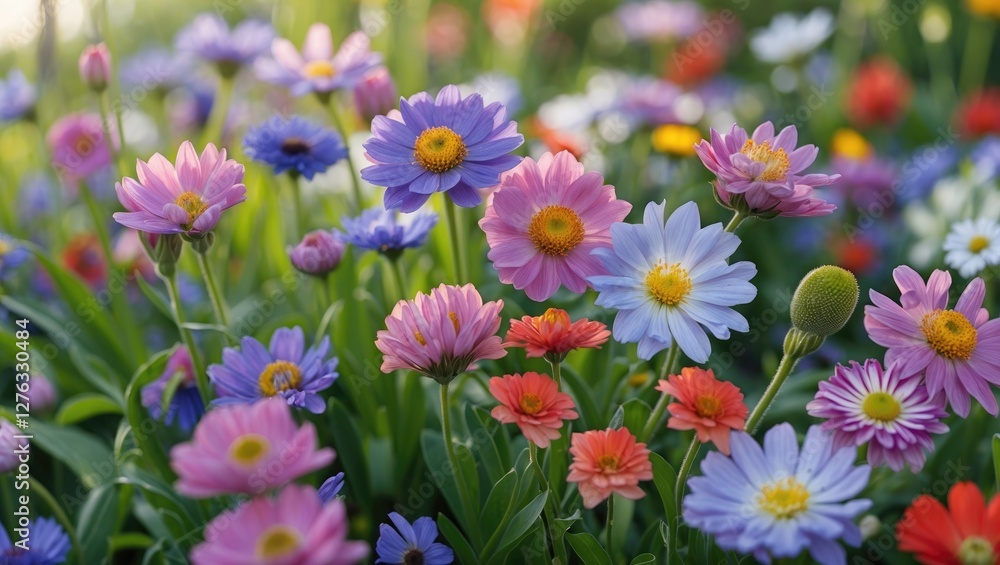 Colorful wildflower garden with various blooming flowers in different shades and sizes under natural sunlight. Colorful wildflower garden with various blooming flowers in different shades and sizes under natural sunlight.