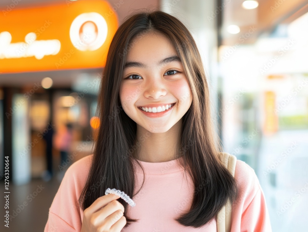 Smiling Young Woman Holding Clear Aligner Retainer in Front of Light Filled Urban Background