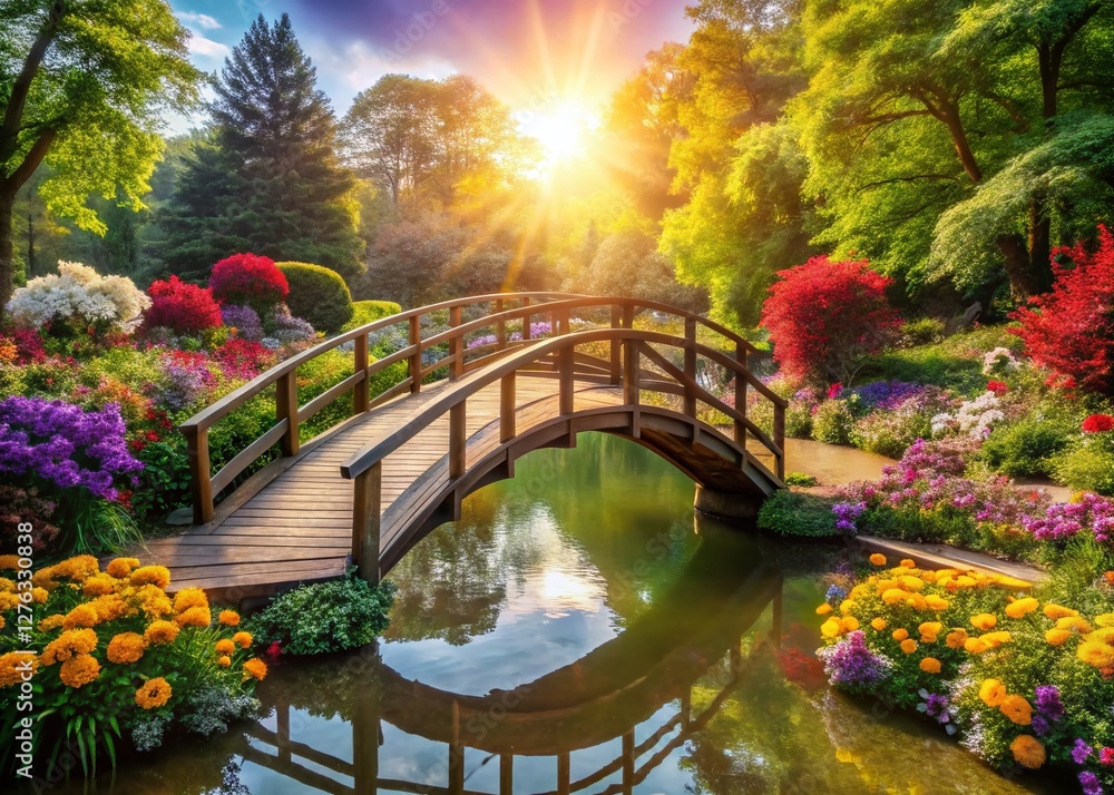 Serene Garden Bridge: Tranquil Pond, Vibrant Flowers, Peaceful Retreat Serene Garden Bridge: Tranquil Pond, Vibrant Flowers, Peaceful Retreat