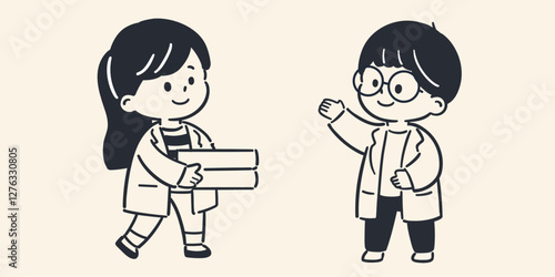 二冊の本を運んでいる白衣を着た子供博士