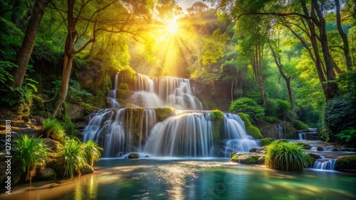 Serene Forest Waterfall: Sunlight Dappled Lush Greenery, Tranquil Nature Scene