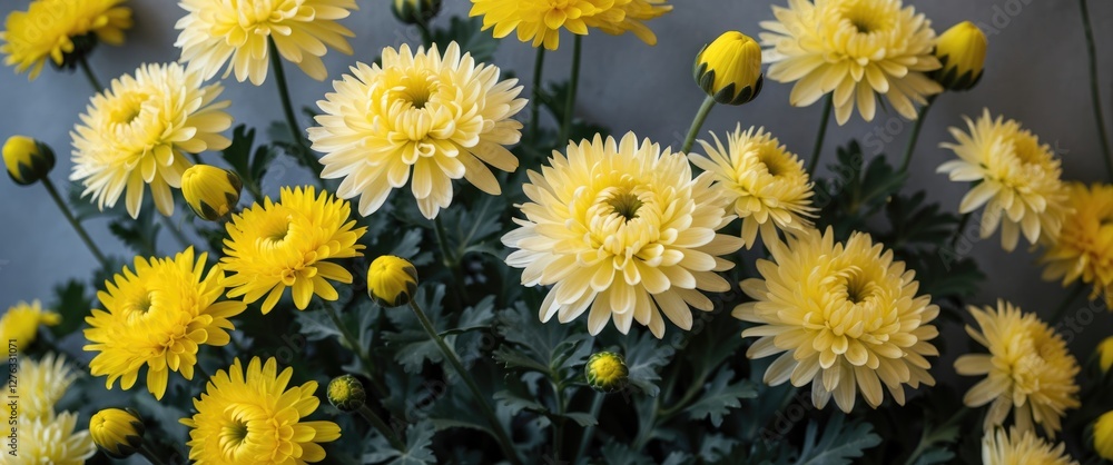 Yellow chrysanthemums in full bloom with green leaves and budding flowers on a neutral background. Yellow chrysanthemums in full bloom with green leaves and budding flowers on a neutral background.