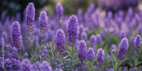 Fototapeta Naklejka Na Ścianę i Meble -  Purple flower field with blooming lavender plants in full bloom under soft natural light. Detailed floral close-up with green foliage.