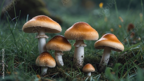 Group of edible mushrooms with orange caps growing in green grass during the daytime in a natural setting. photo