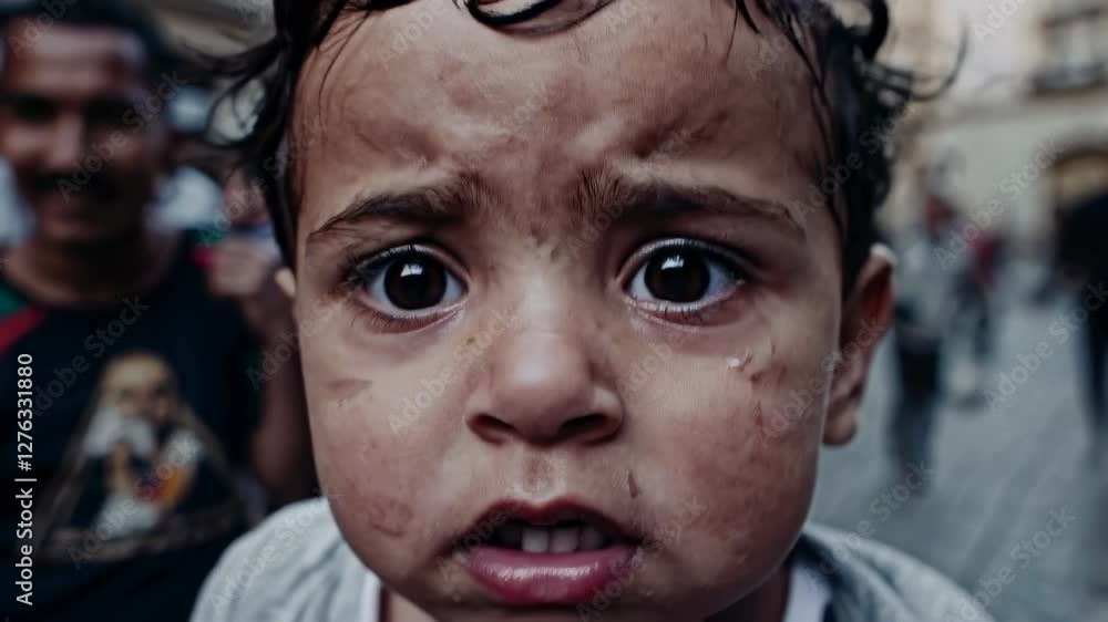father and little son running in crowd lined up on city streets. man with child in close up. refugees with unstable personalities running down street. little boy worker fear on his face. father and little son running in crowd lined up on city streets. man with child in close up. refugees with unstable personalities running down street. little boy worker fear on his face.