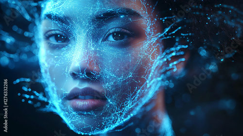 Close-up of a womanâ€™s face illuminated by digital glowing lines and particles, symbolizing the concept of digital transformation, artificial intelligence, and virtual reality. photo