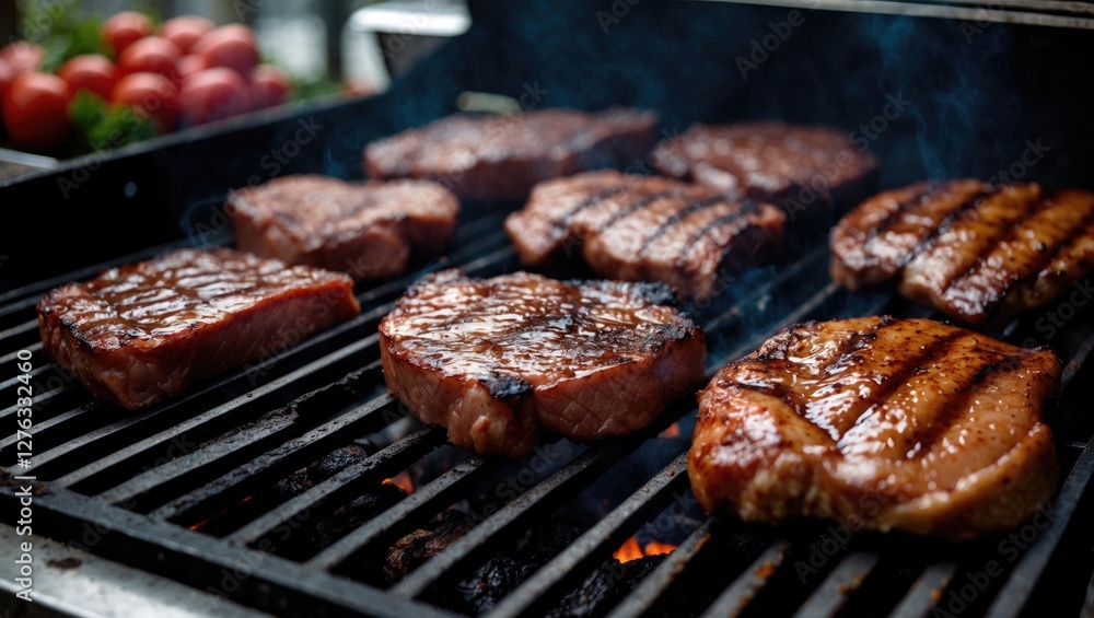 Grilled steaks on barbecue with grill marks and smoke in outdoor setting with tomatoes in background Grilled steaks on barbecue with grill marks and smoke in outdoor setting with tomatoes in background