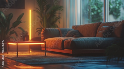 Cozy living room with neon lights, sofa, and plants at night.