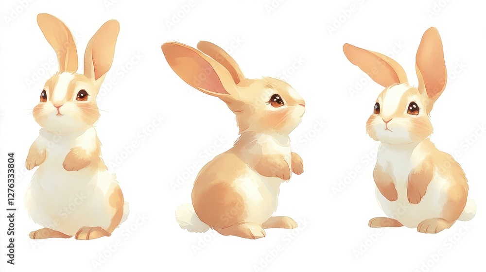 Fototapeta premium Three cute cartoon bunnies sitting side by side with big ears and fluffy tails