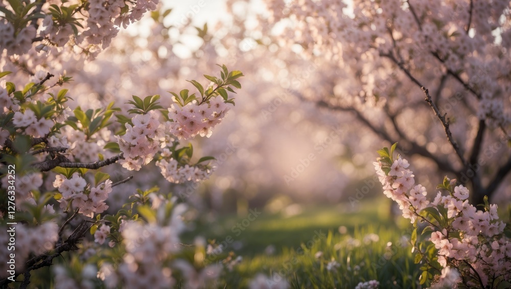 Cherry blossom trees in full bloom with a soft focus on foreground flowers and a blurred background in a serene garden setting. Cherry blossom trees in full bloom with a soft focus on foreground flowers and a blurred background in a serene garden setting.