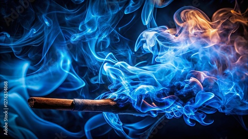 Silhouette of a Burning Cigarette with Dramatic Blue Flames and Thick Smoke - Stock Photo