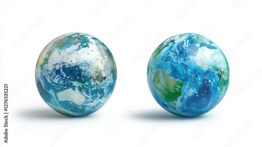Two artistic globes with unique planetary designs on white background Two artistic globes with unique planetary designs on white background