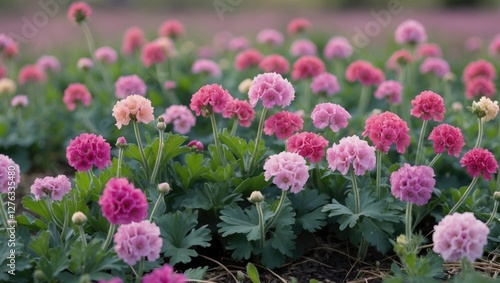 Fototapeta Naklejka Na Ścianę i Meble -  Colorful pink and peach geranium flowers blooming in lush green foliage on a sunny day in a garden setting
