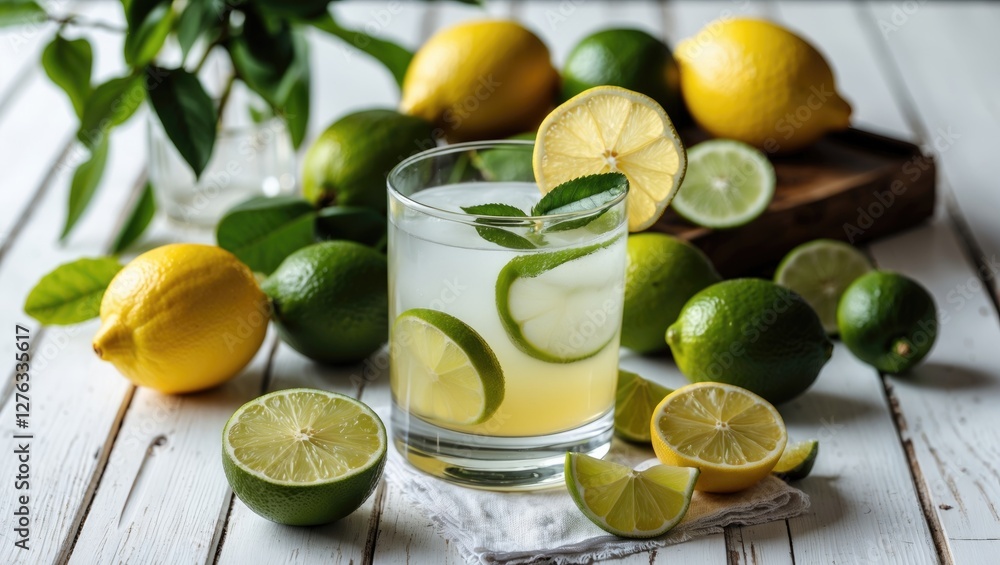 Fresh lemon and lime cocktails on white wooden surface with citrus fruits and green leaves in the background Fresh lemon and lime cocktails on white wooden surface with citrus fruits and green leaves in the background