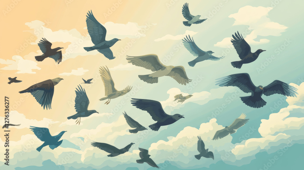 Set of different flying birds vector illustration. Set of different flying birds vector illustration.