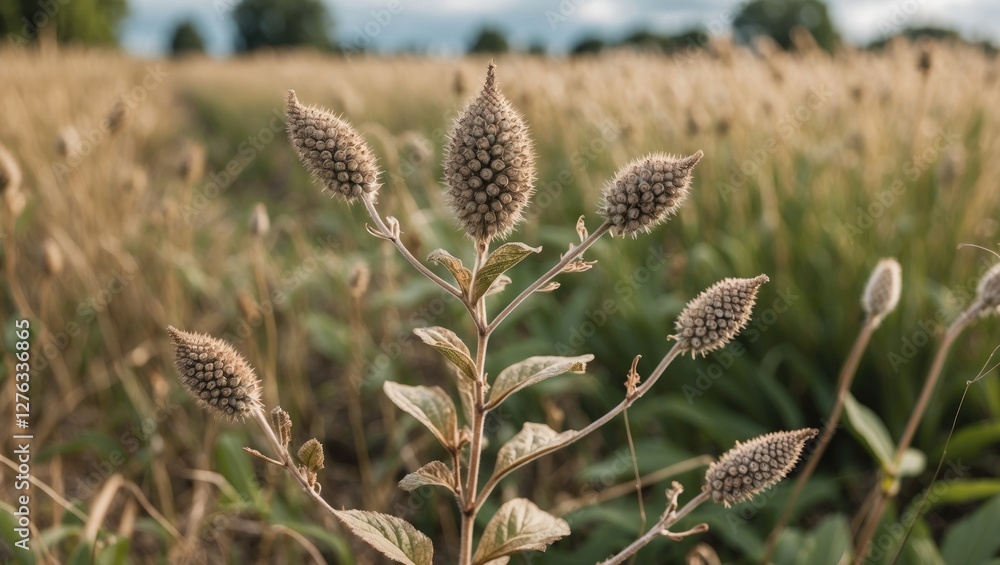 dried flowering plant with seed pods in an open field during late summer season under cloudy sky