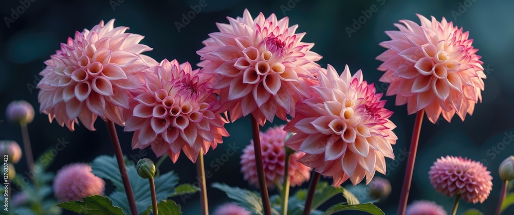 Pink dahlia flowers with intricate petal patterns blooming in a garden setting during daylight. Pink dahlia flowers with intricate petal patterns blooming in a garden setting during daylight.