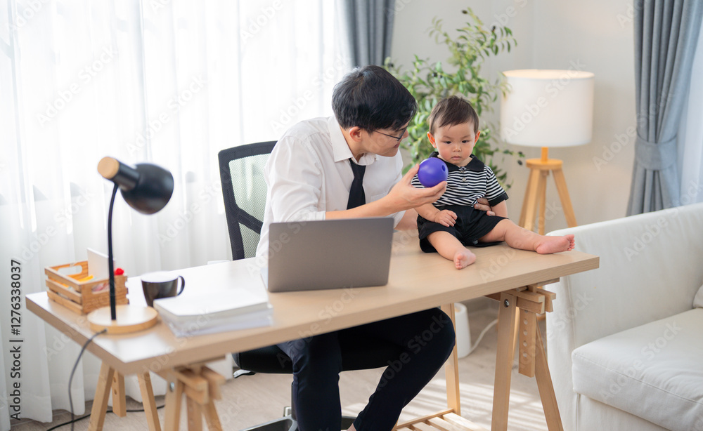 Father engages with child while working from home in a bright, cozy office setting Father engages with child while working from home in a bright, cozy office setting