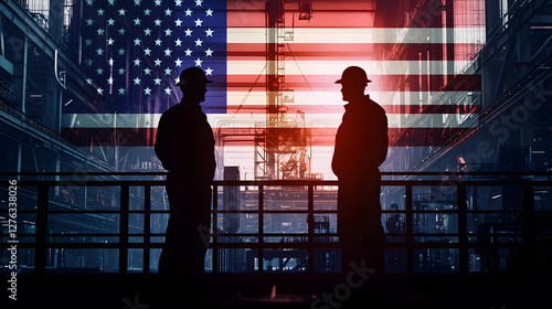 American Industrial Workers Silhouetted Against the US Flag in a Steel Mill