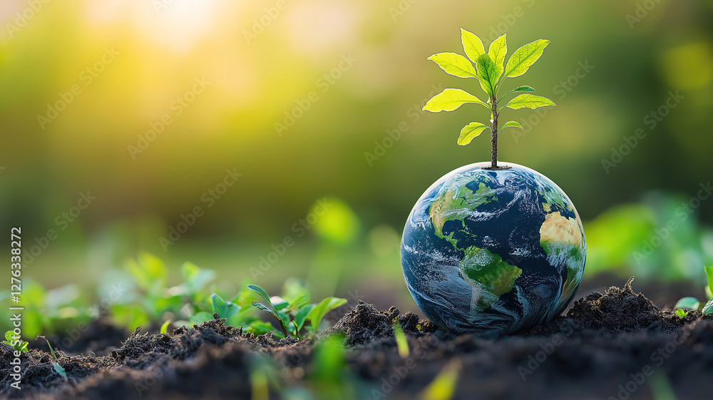 Earth Day concept with a growing tree inside a glass globe and blurred green nature background Earth Day concept with a growing tree inside a glass globe and blurred green nature background