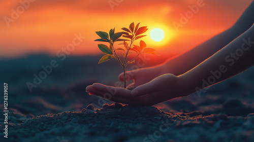 People planting a young tree at sunset, representing environmental conservation