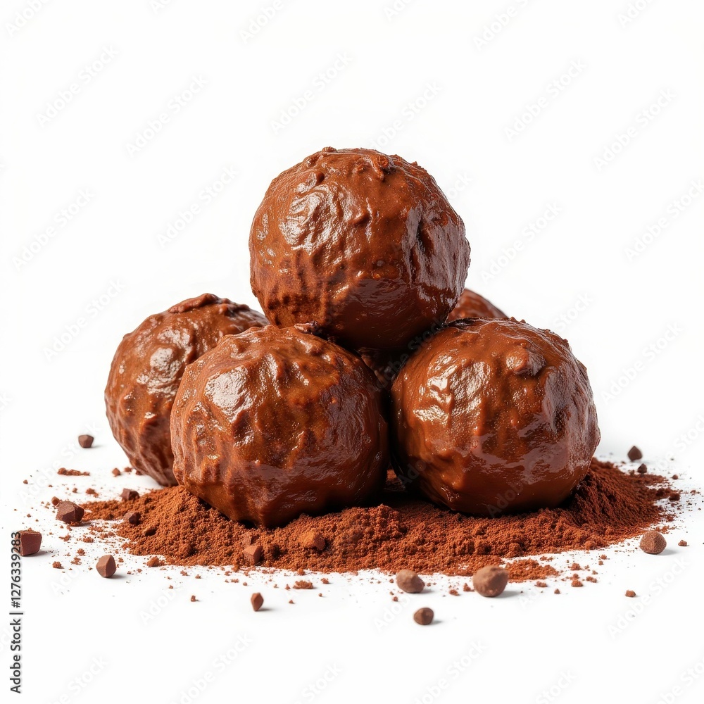 Delicious Dark Chocolate Truffles Rolled in Cocoa Powder Heap Against White Background Dessert Indulgence Delicious Dark Chocolate Truffles Rolled in Cocoa Powder Heap Against White Background Dessert Indulgence