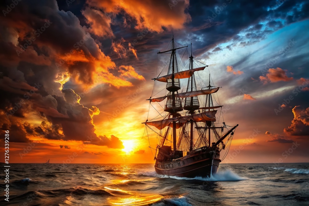 Obraz premium Silhouette Pirate Ship Skeleton Sail - Dramatic Ocean Scene Stock Photo