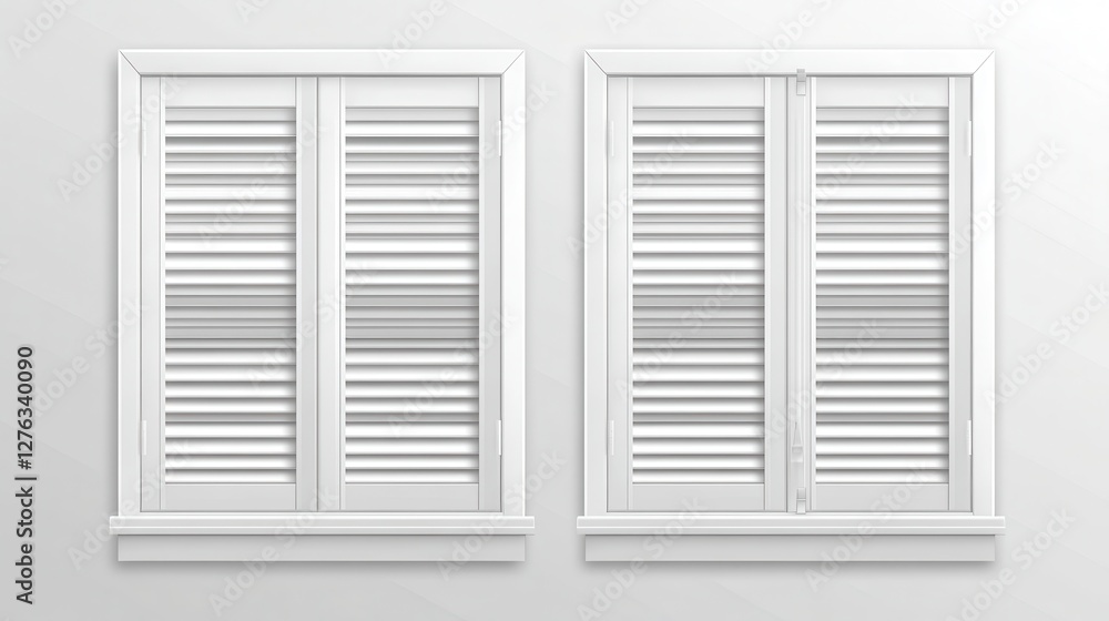 Fototapeta premium Two closed white shuttered windows with elegant frames and horizontal slats
