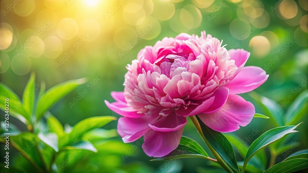 Fototapeta premium Single Pink Peony Flower with Lush Green Leaves - Elegant Floral Photography