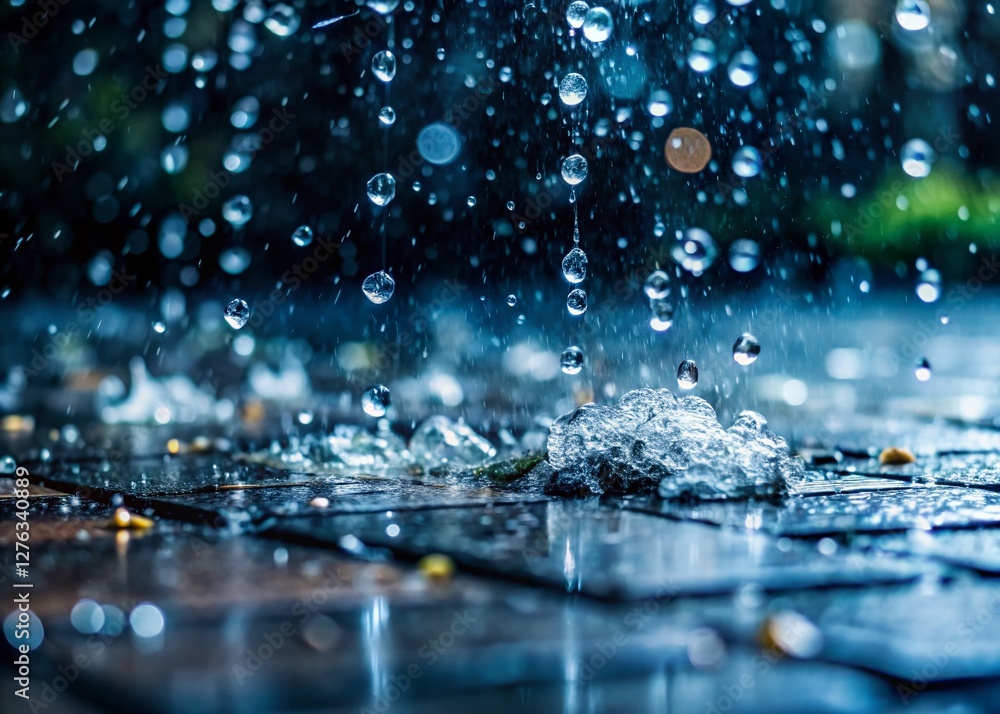 Slow Motion Hail and Heavy Rain on Pavement - Bokeh Effect Stock Photo Slow Motion Hail and Heavy Rain on Pavement - Bokeh Effect Stock Photo