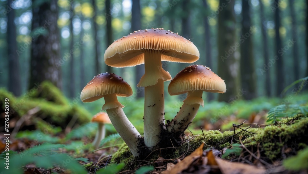 Fototapeta premium Mushrooms with orange caps growing among green foliage in a misty forest setting during daylight.