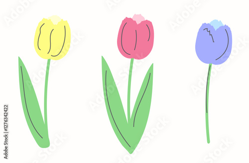 Vector spring clipart with simple colorful tulips isolated on a light background. Cute decorative spring flowers in pastel shades    