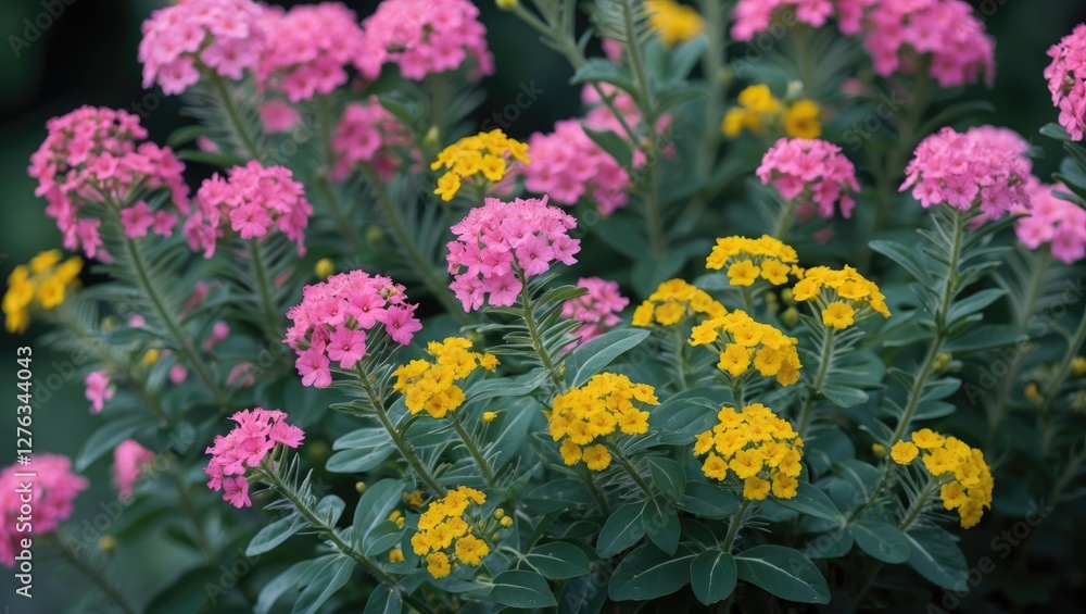 Colorful flowering plants with pink and yellow blooms surrounded by green foliage in a garden setting. Colorful flowering plants with pink and yellow blooms surrounded by green foliage in a garden setting.