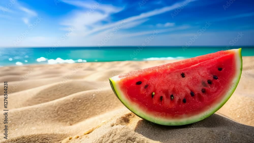 A slice of watermelon is on the beach. The beach is blue and the water is calm A slice of watermelon is on the beach. The beach is blue and the water is calm