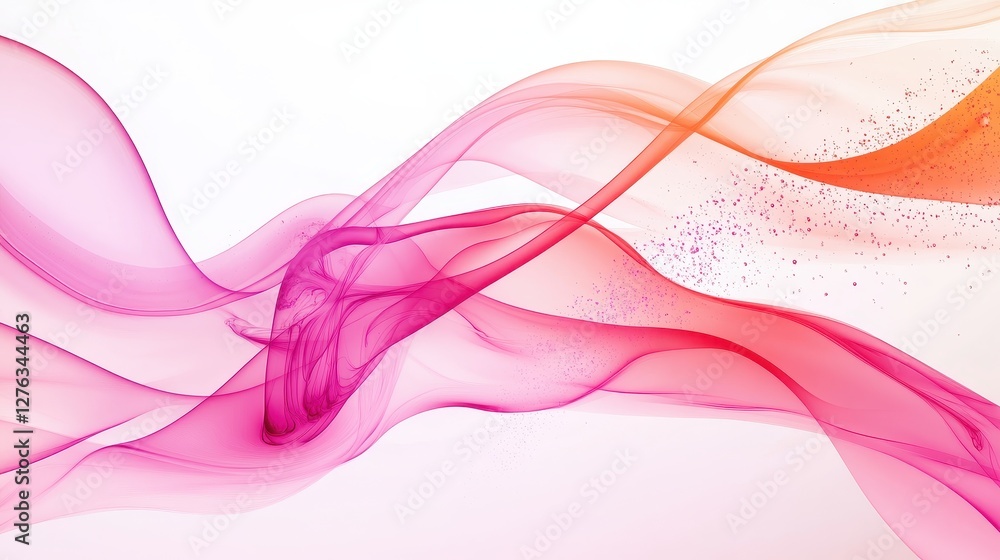 Abstract fluid waves in pink and orange tones with floating particles on white background Abstract fluid waves in pink and orange tones with floating particles on white background