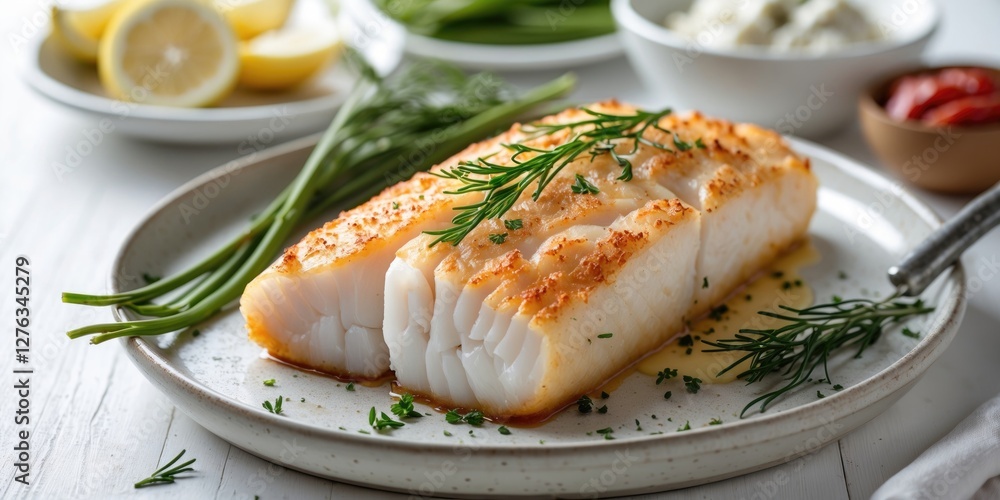 Grilled cod fillet garnished with herbs on plate served with lemon and sides of vegetables and dips Grilled cod fillet garnished with herbs on plate served with lemon and sides of vegetables and dips