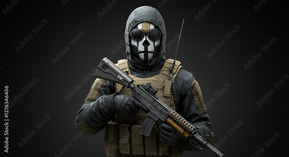 Naklejka premium Soldier Holding Rifle with Skull Mask Tactical Gear Illustration