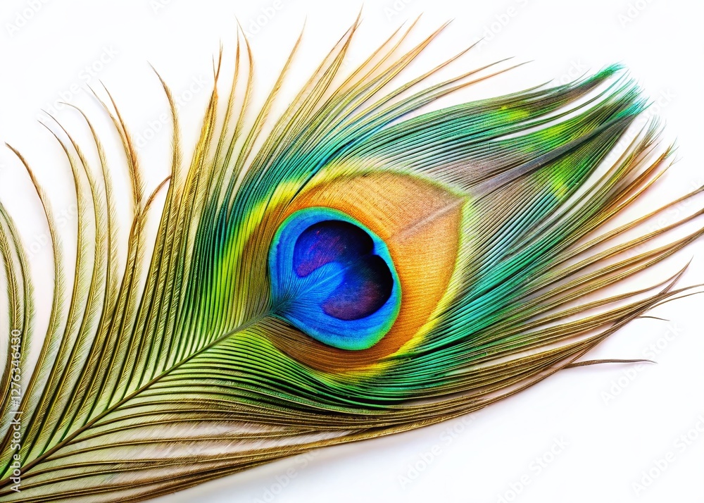 Obraz premium Stunning Colorful Peacock Feather Tail, Isolated on White Background - Perfect for Design Projects