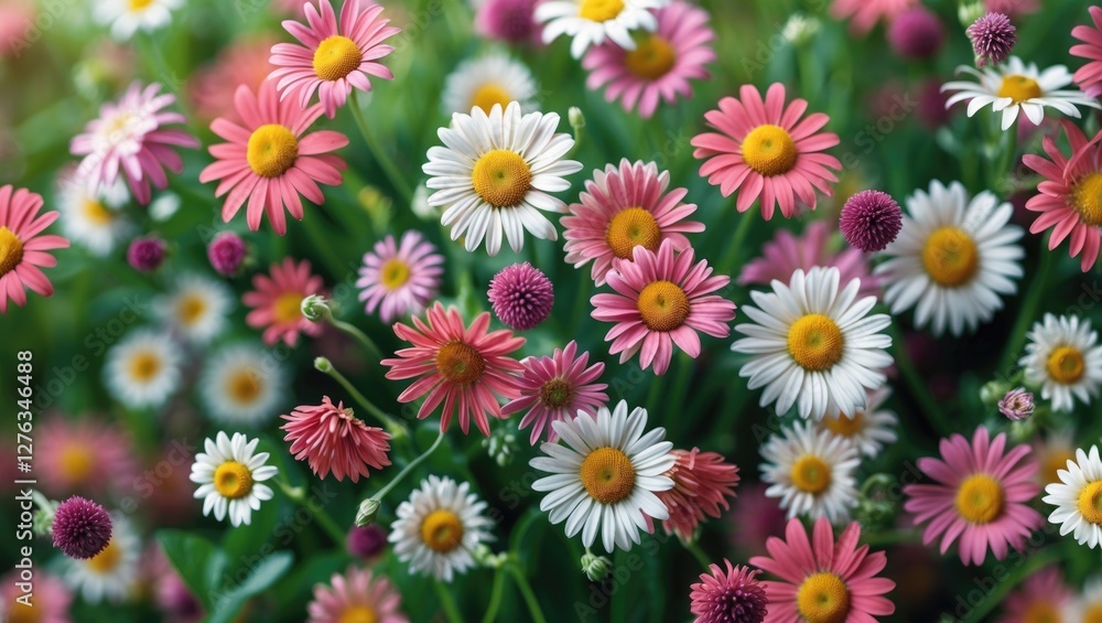 Colorful blooming daisies with pink and white petals in a garden setting during daylight. Lush greenery in the background. Colorful blooming daisies with pink and white petals in a garden setting during daylight. Lush greenery in the background.