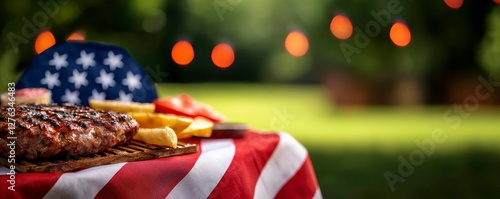 Outdoor Summer Barbecue with Grilled Burger and Festive American Flag Decor at Backyard Party