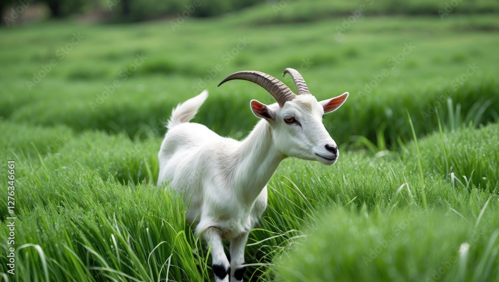 Young white goat with curved horns standing in lush green grass field during daylight. Young white goat with curved horns standing in lush green grass field during daylight.