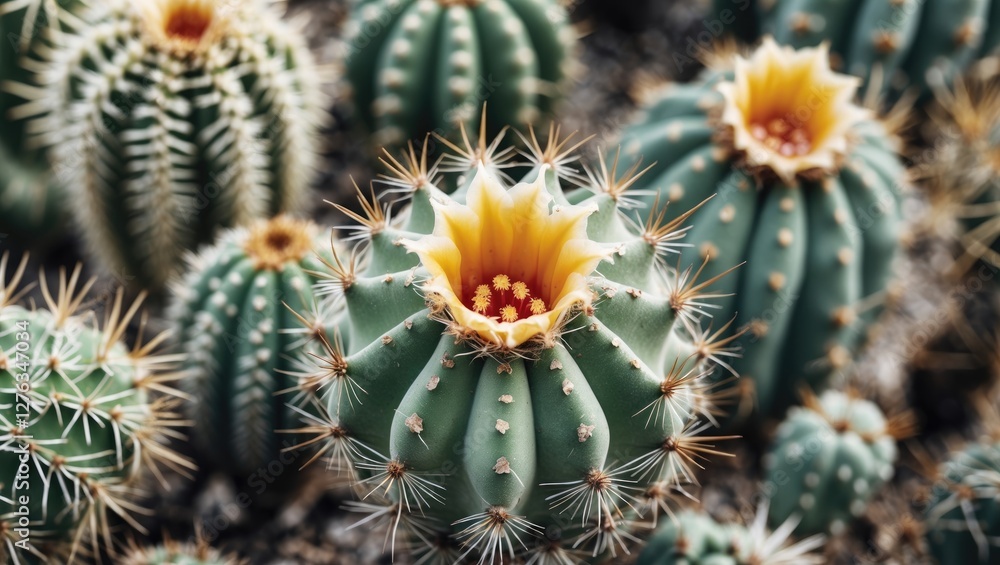 Close-up of blooming cacti with vibrant yellow flowers and spiny green bodies in a desert landscape setting