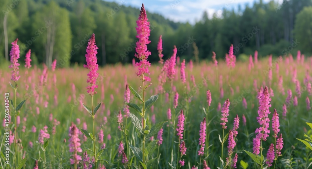 Obraz premium Pink wildflowers in a lush green field under a cloudy sky during daytime in a natural landscape setting.